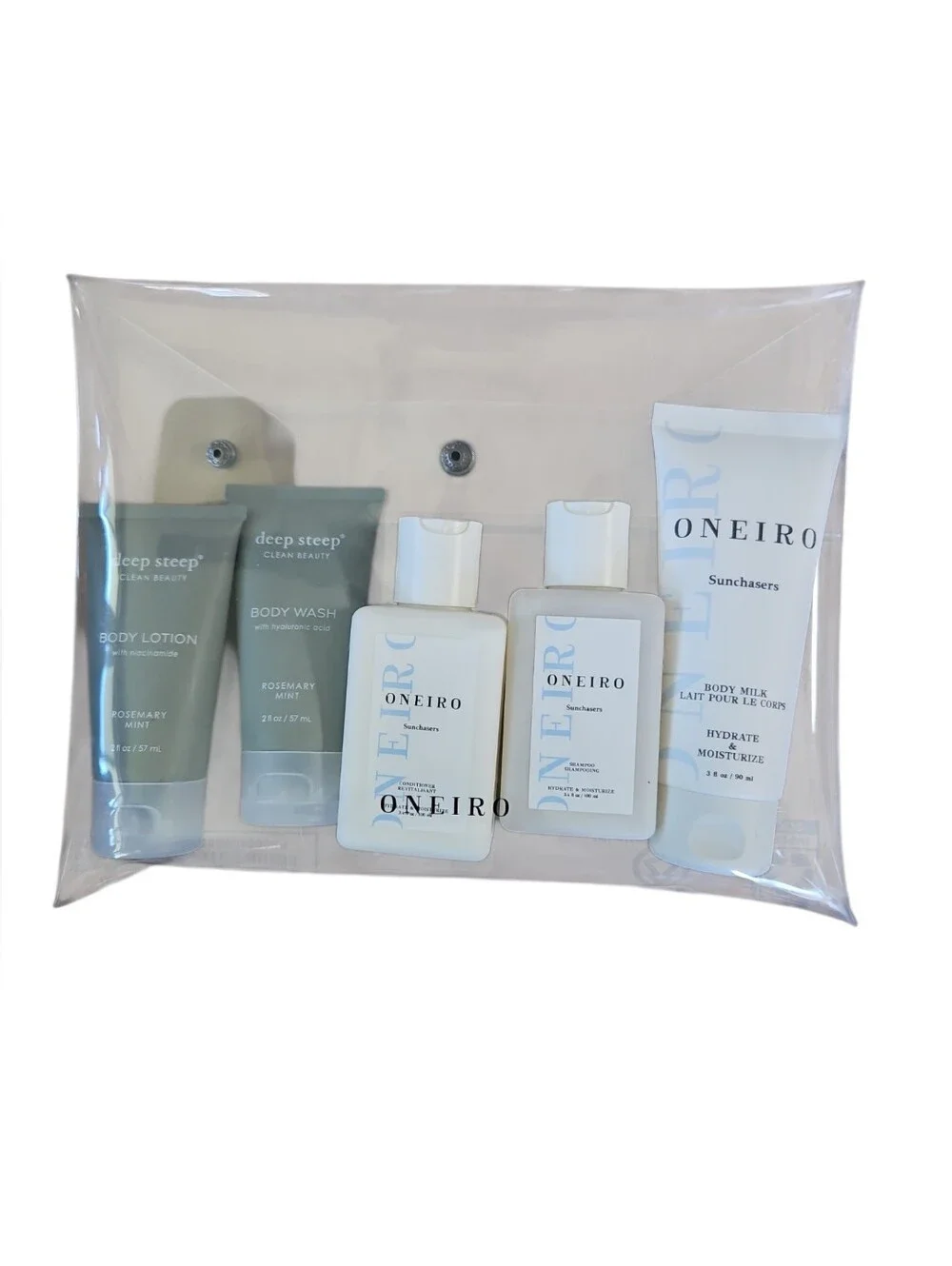 Travel Size Beauty Bundle Oneiro Sunchasers & Deep Steep in Clear Pouch NEW